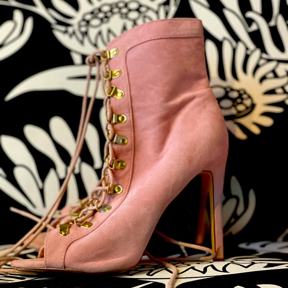 Pink suede lace up ankle boots
